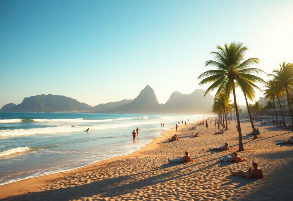 A sunlit beach scene with people swimming and relaxing on the golden sand. Palm trees line the shore, and gentle waves lap at the beach. The sky is clear blue, with the warm glow of the setting sun casting long shadows. In the background, hazy mountains rise in Rio de Janeiro, creating a serene atmosphere.