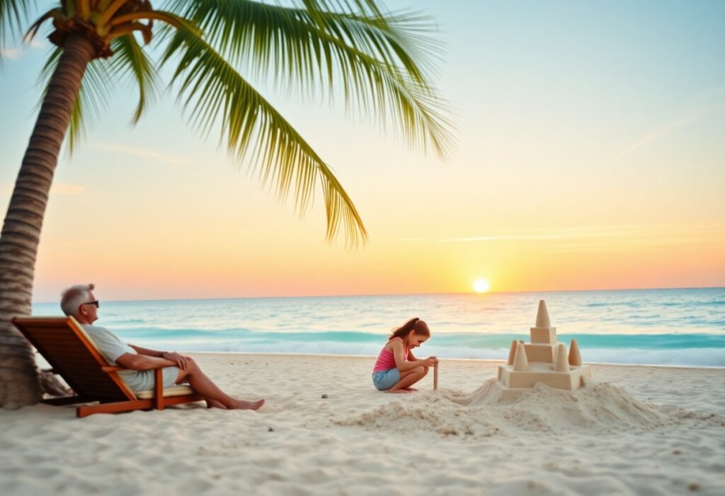 A child builds a sandcastle on a beach at sunset, crafting intricate spires and towers. Nearby, an adult couple with gray hair relaxes on lounge chairs under a leaning palm tree, embracing the tranquility. The sky is awash with orange and pink hues as the sun sets on this idyllic spring break destination.