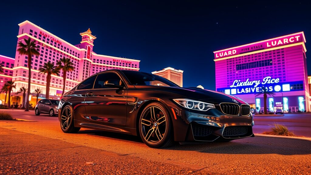 A sleek black BMW sports car parked on a vibrant city street at night, surrounded by neon-lit buildings and palm trees. The backdrop features brightly illuminated signs reading "LUARD" and "Luidury Fice," with a Las Vegas-style ambiance. Find your adventure with affordable rates under the dark sky's vivid colors.