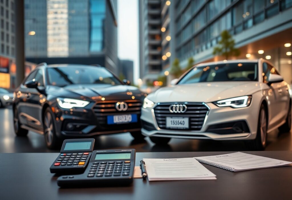 A black and a white Audi are parked side by side on a city street. In the foreground, financial paperwork, a calculator, and a pen suggest a leasing comparison. The urban backdrop features modern buildings, creating a professional setting for car dealerships or financial transactions.