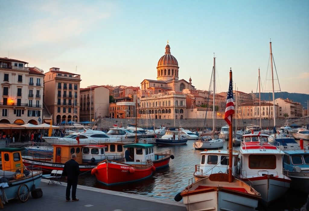 A vibrant harbor scene at sunset in Marseille features boats docked along the water. The foreground shows colorful fishing boats, one with an American flag. In the background, a grand dome and historic buildings, rich in culture, are illuminated by warm light against a clear sky and distant hills.