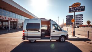 A silver van, available for rent at Las Vegas Airport, is parked outside a modern terminal with signs in French and English, including "Las Vegas Aertall." The bright daytime scene features clear skies and minimal traffic, with directional signs pointing to various locations and services.