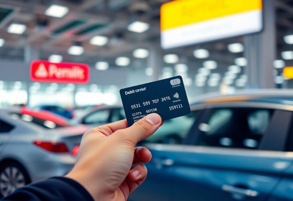 A hand brandishes a sleek black debit card with white numbers inside a bustling car dealership. Meanwhile, blurred cars and a red "Familk" sign set the scene. Bright indoor lighting hints at attractive options for renting a car, illuminated by a large light panel in the distance.