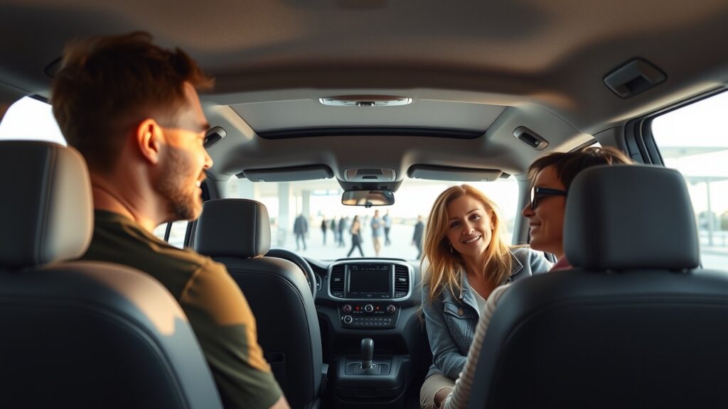 Three people are sitting inside a van. Two women in the back seat are engaged in conversation and smiling at a man in the front passenger seat. The modern interior is softly illuminated by sunlight streaming through, while blurred figures and hints of Las Vegas Airport can be seen through the windshield.