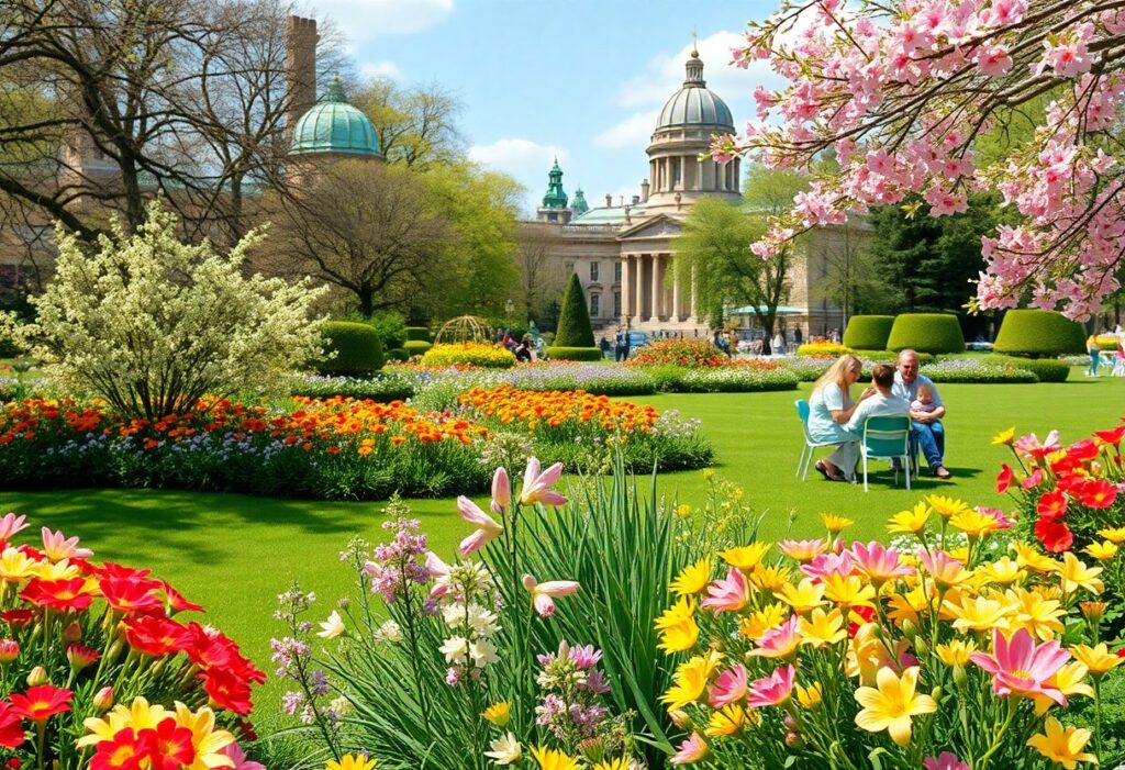 A vibrant garden scene with blooming flowers in pink, yellow, and red hues comes alive during the Easter holidays. People are seated at a round table, enjoying the sunny weather. In the background stand trees and an elegant historic building with domes and columns, making it a perfect UK destination.