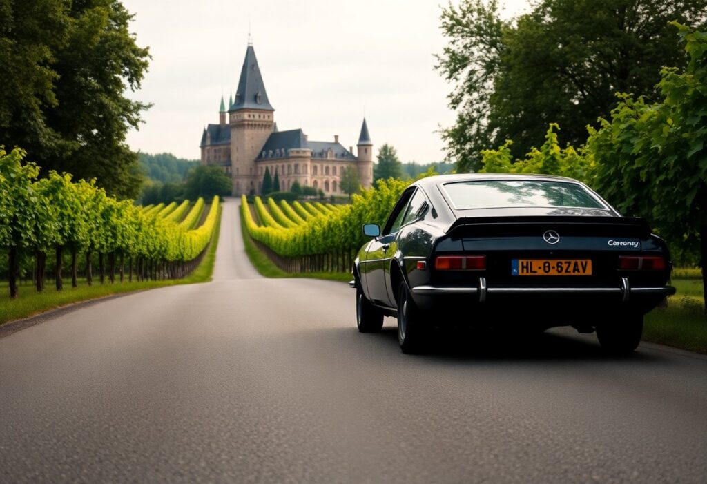 A classic black car with a visible license plate drives down a tree-lined road toward a distant castle with multiple turrets. The pathway is flanked by lush greenery and vineyards under an overcast sky, creating a serene and picturesque scene.