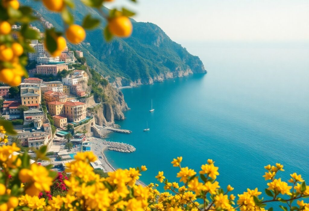 A picturesque coastal scene with vibrant yellow flowers in the foreground captures the essence of an ideal Amalfi Coast itinerary. A charming town with colorful buildings clings to rugged cliffs overlooking the deep blue sea, where sailboats drift peacefully. Verdant hills and clear skies complete this serene vista.