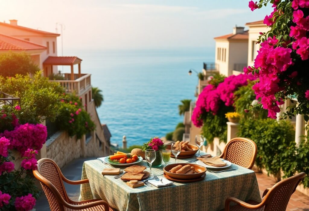 A picturesque outdoor dining scene features a table set with bread, fruit, and glasses, overlooking a calm sea. The foreground is adorned with vibrant pink bougainvillea flowers. Mediterranean-style buildings line the hillside path leading down to the water, under a clear sky.