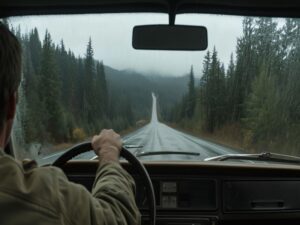 A person driving a rental car on a wet, winding road through a dense forest. Tall evergreen trees line both sides, disappearing into a foggy, overcast distance. The driver's hands grip the wheel and glance at the rental car checklist as rain blurs the view through the windshield.