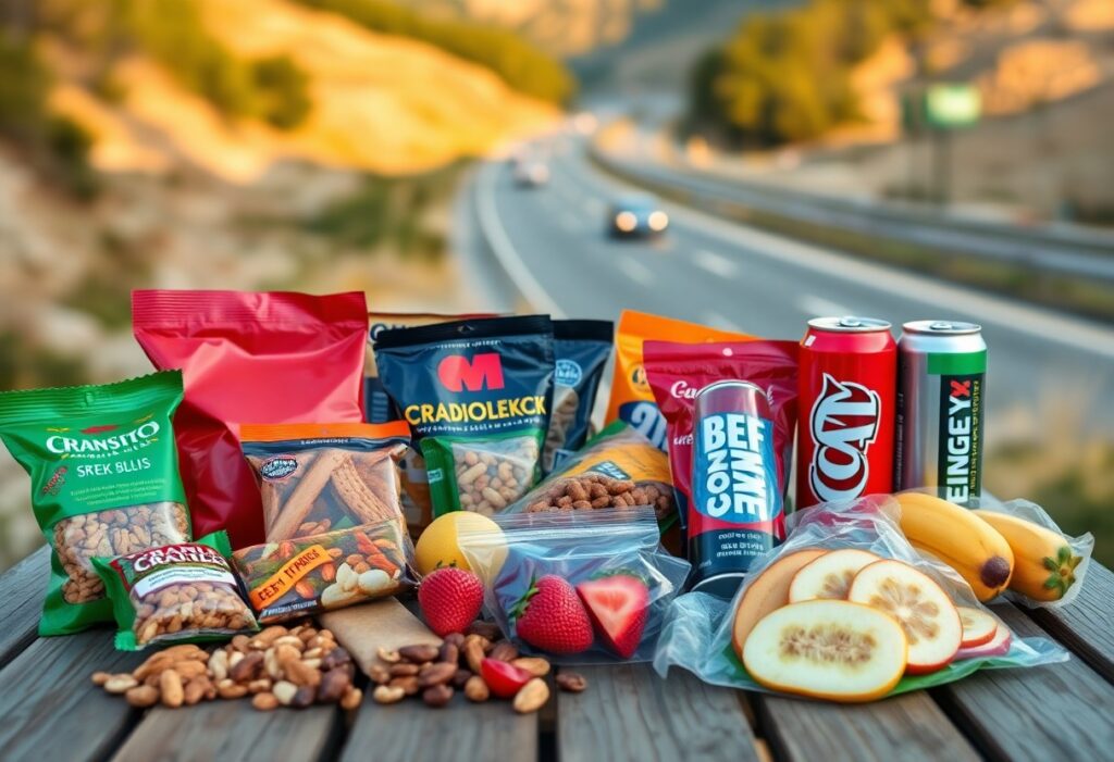 A display of various snacks on a wooden table beside a highway. Includes packaged nuts, breadsticks, chips, drinks, mixed nuts in a plastic bag, bananas, a peach, strawberries, and sliced kiwi. The background shows a blurred view of a winding road and landscape.