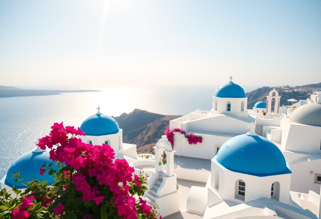 Scenic view of Santorini, Greece, showcasing whitewashed buildings with iconic blue domes under a clear sky. Vibrant pink bougainvillea flowers in the foreground. The Aegean Sea glistens in the background, reflecting the sunlight.