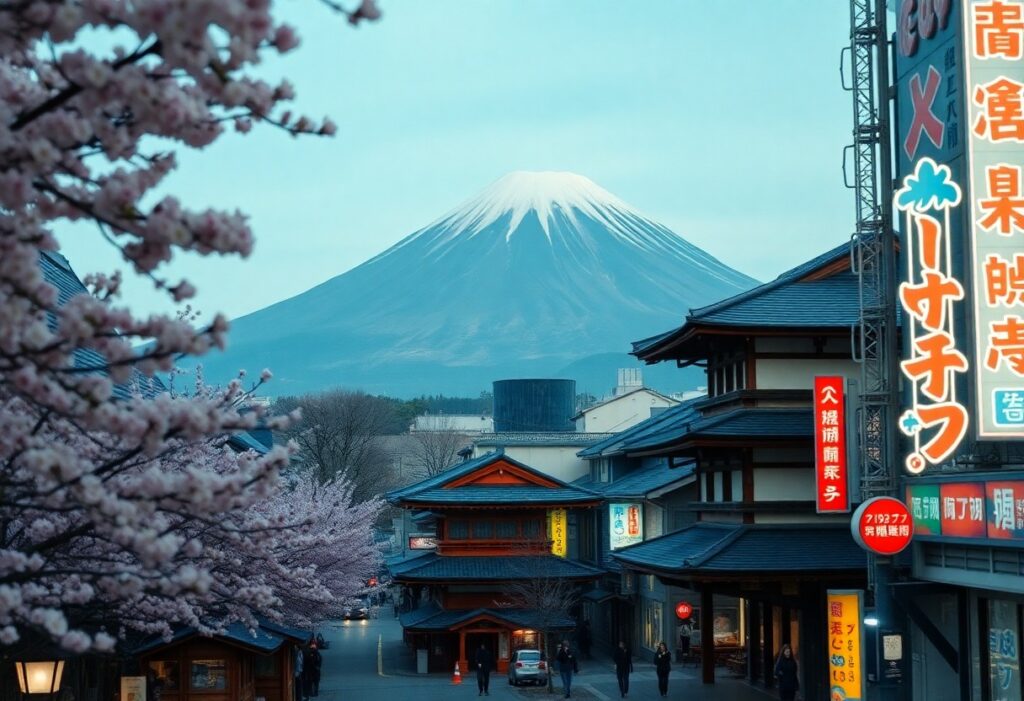 Street scene in Japan with cherry blossoms lining the road. Traditional wooden buildings have bright neon signs on them. In the background, Mount Fuji with snow-capped peak is visible under a clear blue sky. The mood is serene and picturesque.