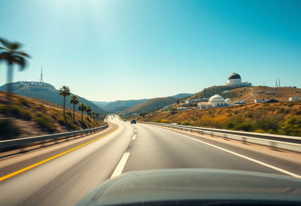 A scenic highway view with a clear blue sky sets the perfect start to your Los Angeles road trip itinerary. Palm trees line the road, leading towards distant hills. The Hollywood sign is visible on the left, and an observatory with a dome sits on a hill to the right, as a few cars cruise by in the distance.