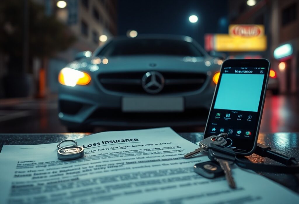 A parked car with illuminated headlights sits on a dimly lit street. In the foreground, a smartphone displays an insurance app alongside car keys and a document titled "Loss Damage Waiver." The blurred storefronts enhance the nighttime urban setting, highlighting the benefits of LDW coverage.