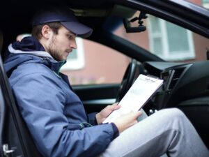 A person in a blue jacket and cap sits in a parked rental car, focused on inspecting documents attached to a clipboard checklist. The interior is dark, with the dashboard and steering wheel visible. The person's posture suggests deep concentration.