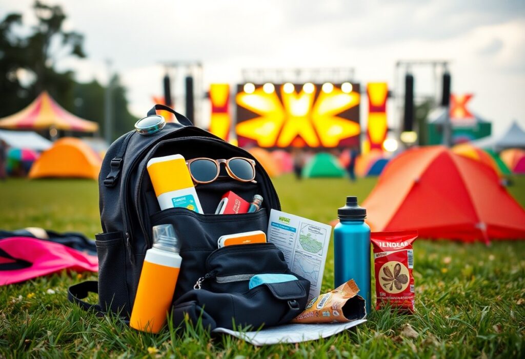 A black backpack on grass contains essential items like sunglasses, a map, sunscreen, a water bottle, and a snack. Tents are pitched in the background with a large, colorful music festival stage visible. The cloudy sky suggests an outdoor event setting.