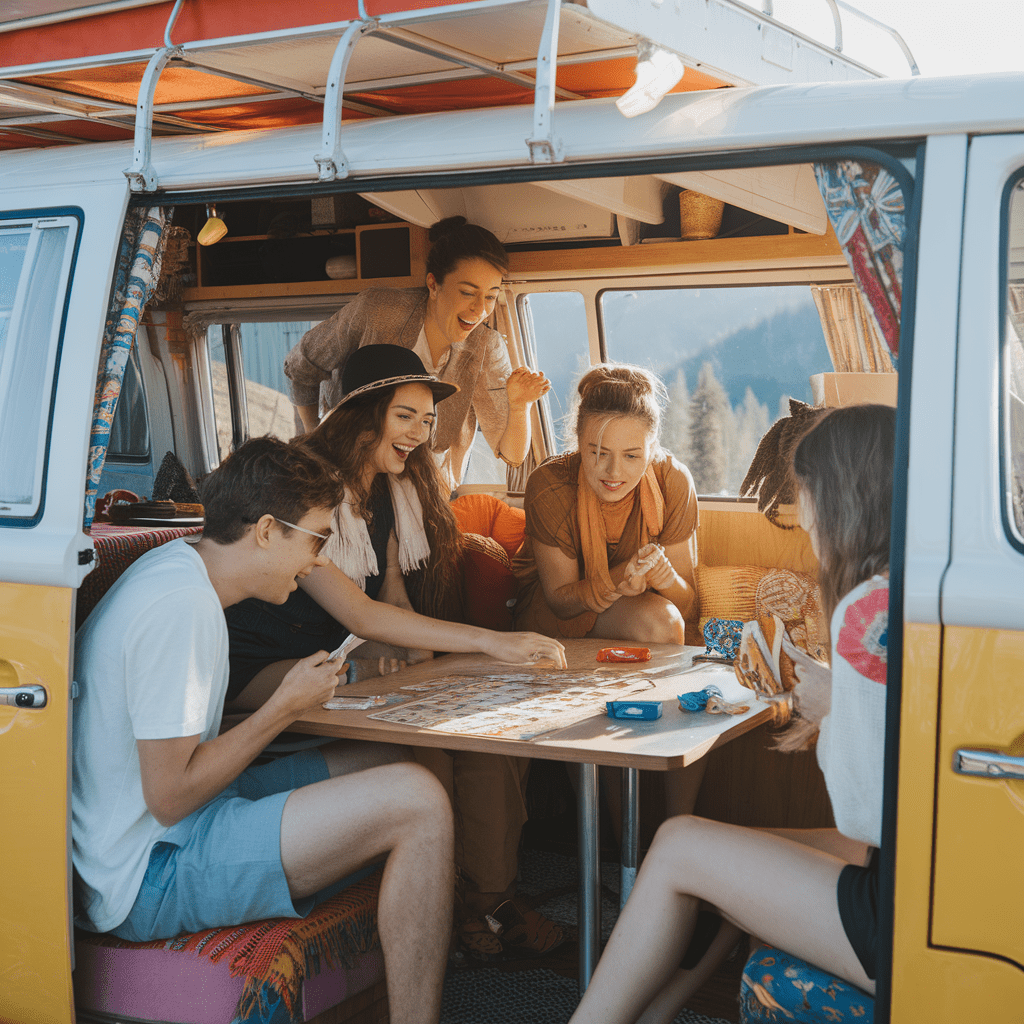 A group of five people is enjoying an unforgettable game inside a brightly colored retro van with open doors. The van, parked amidst a scenic landscape of mountains and trees, creates the perfect setting for road trip games. Smiling faces show their engagement in the board game on the table.