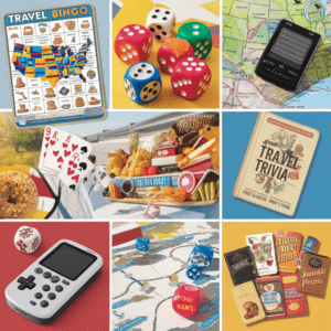 Collage of travel-themed items: Unforgettable Travel Bingo with US map, colorful dice, a digital timer on a map, playing cards by snacks, Travel Trivia book, handheld video game, and board games. The setting suggests road trip adventure with various card games for long drives.