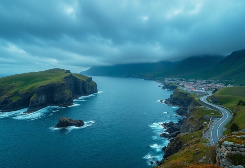 A winding coastal road follows the rocky shoreline of a picturesque bay with steep cliffs and lush green hills. A small town nestles at the base of a mountainous landscape under a cloudy sky, while the deep blue ocean waves crash against the rocks.