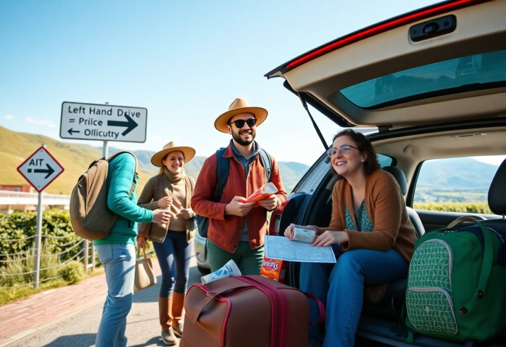 Four people stand by an open car trunk filled with luggage. Three wear hats and jackets, one holds snacks, and another a map. A woman sits in the trunk smiling. Road signs in the background indicate directions to "Price" and "Ollocity." The setting is a sunny countryside.