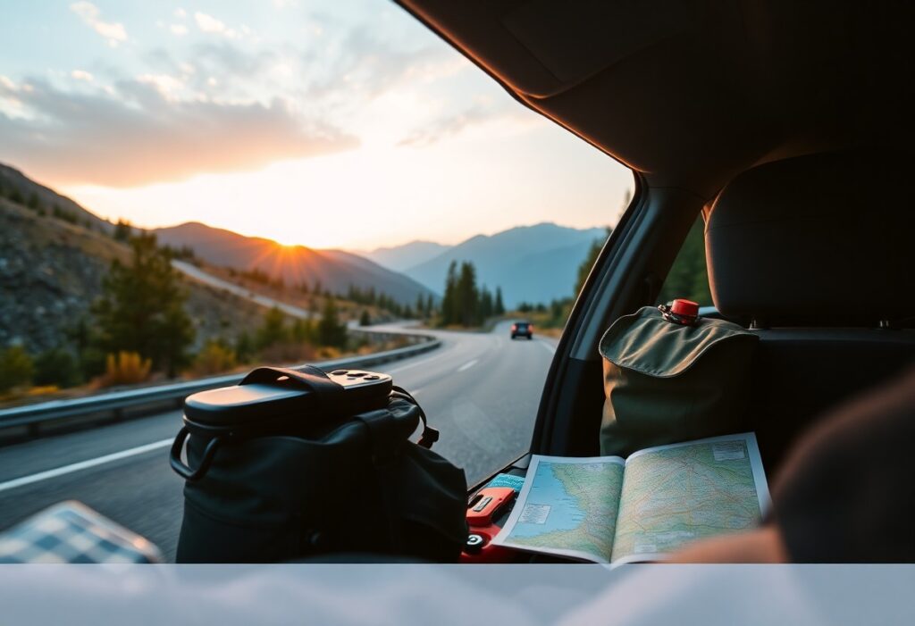 A scenic road trip view from inside a car at sunset. The road curves through mountainous terrain with trees lining the sides. Inside the car, a map and travel gear, including bags and a thermos, are visible on the back seat, with the sun setting over distant mountains ahead.