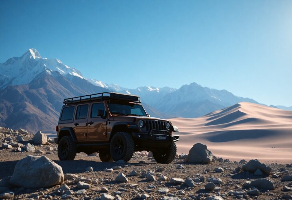 A rugged 4x4 vehicle, painted in metallic orange, is parked on a tough desert terrain. In the background, vast sand dunes stretch toward snow-capped mountains under a clear blue sky. Ideal for extreme climates, it features a roof rack and large tires for off-road exploration.