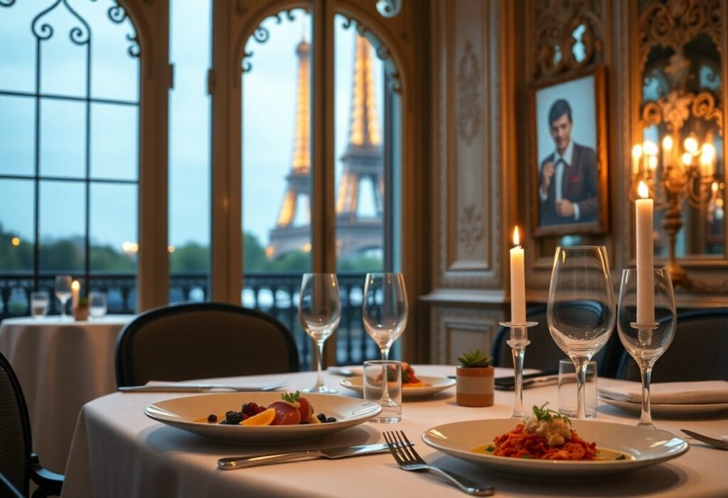 An elegant restaurant in Paris with a view of the Eiffel Tower through large windows offers an unforgettable dinner experience. Dining tables are set with white linens, wine glasses, and gourmet plates. Lit candles add ambiance, while a portrait on the ornate wall and soft lighting enhance the sophisticated atmosphere.