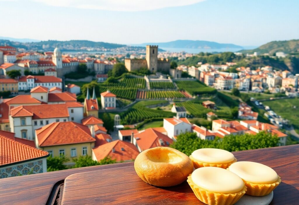 A scenic view of a coastal city, one of Portugal's must-visit destinations, reveals red-roofed buildings surrounding a hilltop castle. In the foreground, a wooden table holds a round pastry and three small tarts. A vineyard and lush green hills stretch beyond under a clear blue sky.