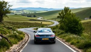 A sleek, dark gray sports car from a limited mileage car rental zips along a winding country road surrounded by lush green fields and gently rolling hills. The sky is partly cloudy, and the license plate reads "Y656 GXM." Trees and shrubs line the road, enhancing the scenic landscape.