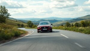 A red car, perhaps on an unlimited mileage rental, speeds along a winding rural road framed by green hills under a partly cloudy sky. Trees and shrubs line the route, with distant mountains enhancing the sense of motion and freedom in this picturesque natural setting.