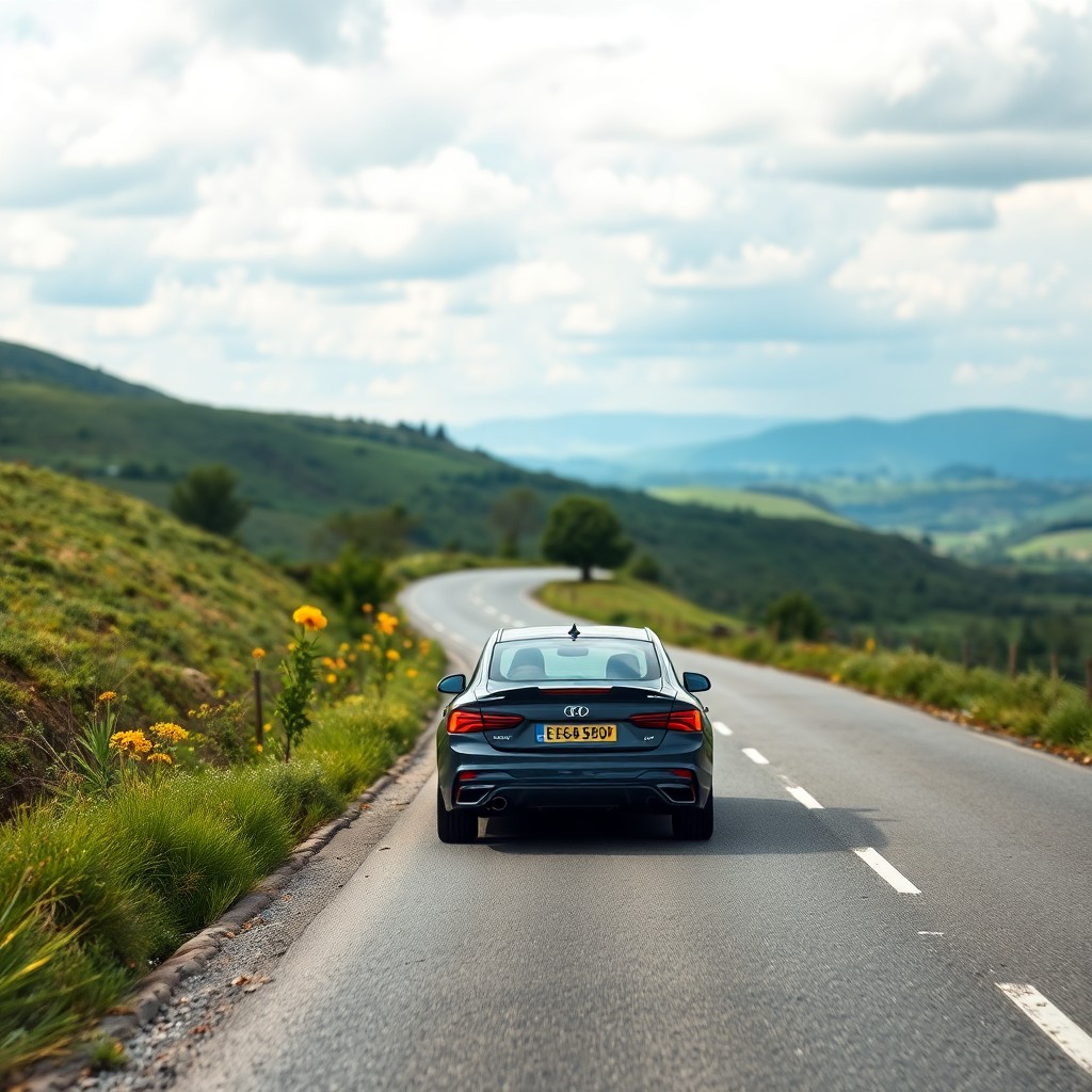 A sleek black car, part of our limited mileage car rental selection, drives on a scenic country road surrounded by green hills. The sky is partly cloudy, with sunlight patches illuminating the landscape. Yellow flowers bloom along the roadside, adding a splash of color to the lush greenery.