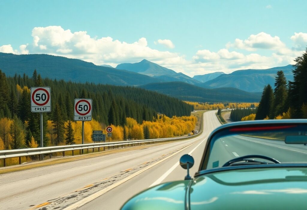 A scenic view from inside a convertible car driving on a highway through mountainous terrain during fall. Embracing the essential rules of road trips, the road is lined with yellow-leaved trees and flanked by lush green forests. Two speed limit signs display 50 beneath a blue sky with scattered clouds over distant mountains.