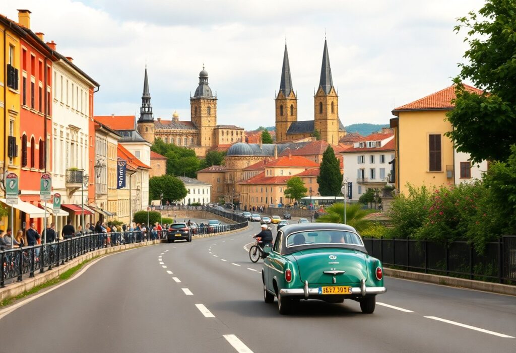 A vintage green car drives down a smooth road in a quaint European town. The street is lined with colorful buildings, cafes with outdoor seating, and lush trees. In the background, historic architecture features pointed spires and domes, under a partly cloudy sky.