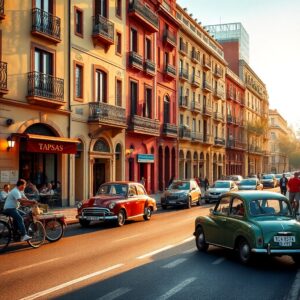 Street scene in a European city with colorful historic buildings. A cyclist rides past a tapas restaurant, capturing the essence of driving in Spain. Vintage cars and modern vehicles share the road as warm sunlight casts long shadows, creating a vibrant and lively atmosphere. Trees line the street, adding greenery.