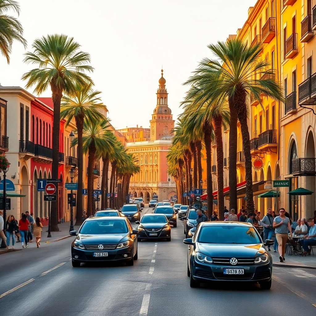 A bustling city street lined with tall palm trees and historic buildings at sunset offers a picturesque start to driving in Spain. Cars glide along the road as people stroll on the sidewalks, while a large domed building looms in the background, bathed in the warm orange glow of evening.