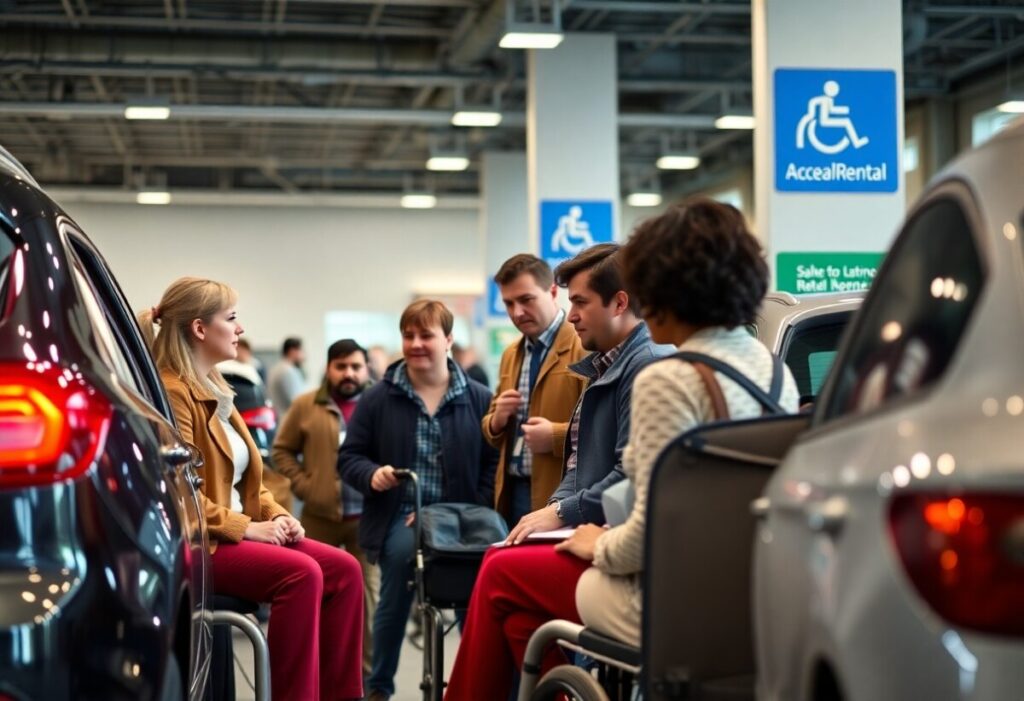 In a well-lit car rental area, a lively group, including individuals using wheelchairs, discusses disability-friendly car rentals. Signs with wheelchair symbols highlight accessibility, while several cars are parked nearby. Participants engage eagerly, some standing and others seated.