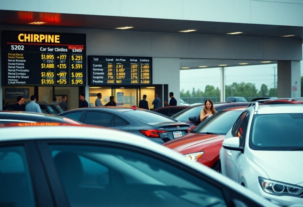 A bustling car rental lot with a white SUV and a red car among others. People mill around as they check out the best deals displayed on an electronic board listing rental prices for various vehicle categories. In the background, a glass-walled office overlooks the scene.