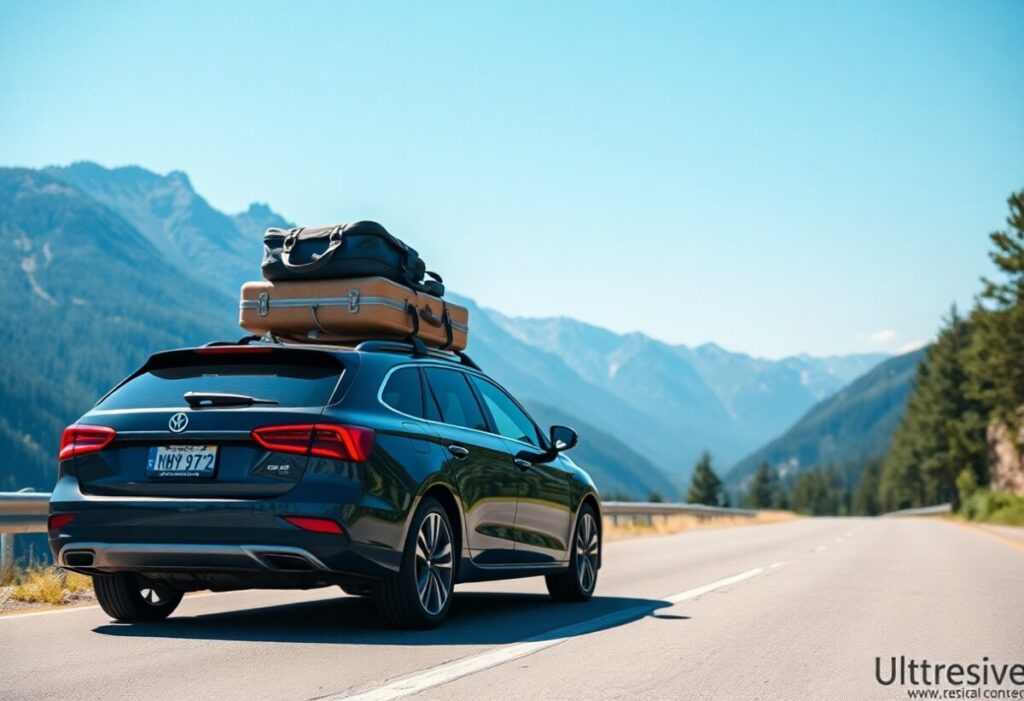 A dark-colored car, likely a rental, cruises along a scenic mountain road. Two large suitcases are secured on the roof rack. Majestic mountains and a clear blue sky tower in the background, with lush trees lining the route—a picturesque setting for an expert tip-filled road trip adventure.