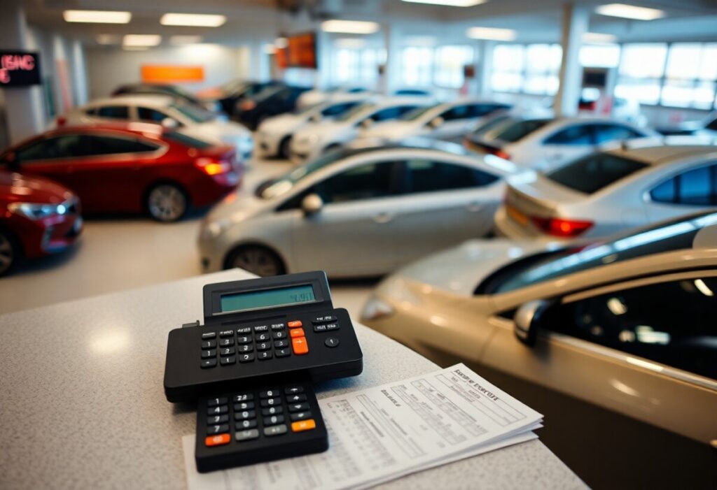 Calculator and paperwork on a desk in the foreground, overlooking a showroom filled with various new cars. The cars, in shades of white, red, silver, and beige, are parked indoors under bright ceiling lights—perfect for reviewing costs explained on the best deals.