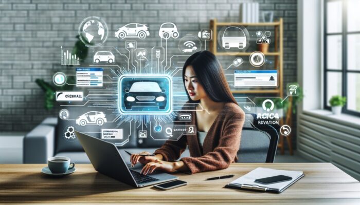 Person comparing car rental options on laptop, with logos and reviews, in a cozy home office.