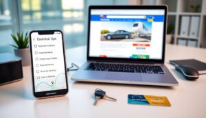 A smartphone displays a checklist titled "Essential Tips" next to a laptop showing a car rental website. Car keys, a credit card, and a mouse are on the desk—perfect for anyone renting a car online and wanting to avoid penalties.