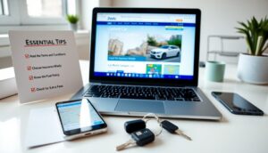 A laptop shows a car rental website, surrounded by a smartphone with a map, car keys, and a card with "ESSENTIAL TIPS" for renting a car online. The workspace sits on a white desk near a bright window.
