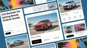 A collage of car rental website interfaces showcases Car Rentals and pricing options, booking buttons, a location map, and the title “Spring Break Online Guide.” Images feature sunny roads, palm trees, and clear skies in modern web design.
