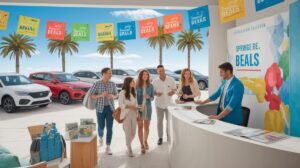 Five people stand at a car dealership’s bright reception, where colorful banners announce Spring Break deals. Smiling, the receptionist hands out brochures about car rentals. Palm trees and cars outside, plus the sunny vibe, create a cheerful scene.