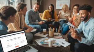 A diverse group of seven adults sit in a circle in a cozy office, chatting and laughing. They have notebooks, papers, and coffee cups. A laptop with car rental tips open sits on the table, and a wall calendar hangs in the background.