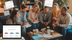 Six people sit on couches around a coffee table covered with snacks and papers, engaged in discussion. Overlays of two calendars and a laptop with car options hint at planning for a first-time car rental using online car rental tips.