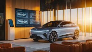 A sleek silver electric car is displayed indoors on a showroom floor with modern decor, highlighting its tech features. Behind it, a digital wall screen shows images and specs. Sunlight streams through tall glass windows, illuminating leather chairs and a touchscreen kiosk nearby.