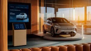 A sleek silver electric car is displayed on a circular platform inside a modern showroom with large windows. A digital screen highlights the best tech features, while brown leather seating and warm lighting enhance the inviting, upscale atmosphere.