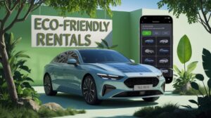 A modern electric car with a solar panel roof is parked under a green "Eco-Friendly Rentals" sign, surrounded by lush plants. A smartphone displays an eco-friendly car rental app, highlighting green travel and the ease to rent a car online.