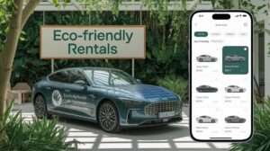 A sleek electric car with solar panels on its hood is parked indoors near lush green plants. A large sign reads "Eco-friendly Rentals." A smartphone in the foreground displays a Rent a Car Online app with eco-friendly options for green travel.